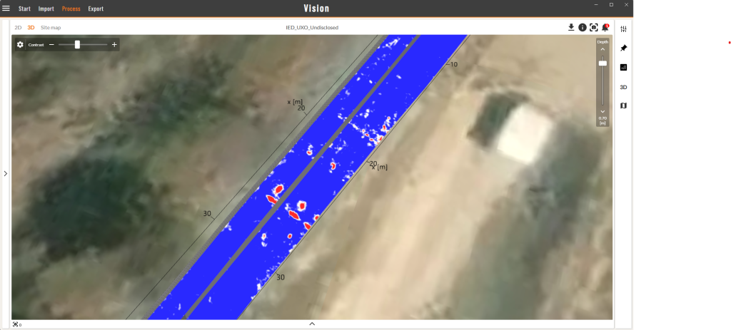 A GPR depth slice collected with a MALÅ MIRA ground penetrating radar at an undisclosed military site. Red color indicates areas of interest and potential buried IED's.