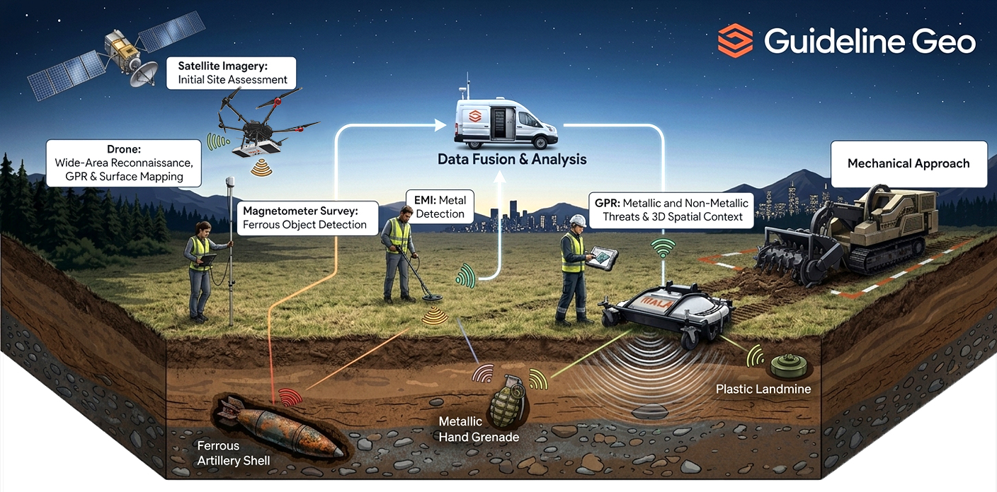 An infographic showing how Finding and mitigating the risk of UXO using GPR with a Multi-sensory approach works