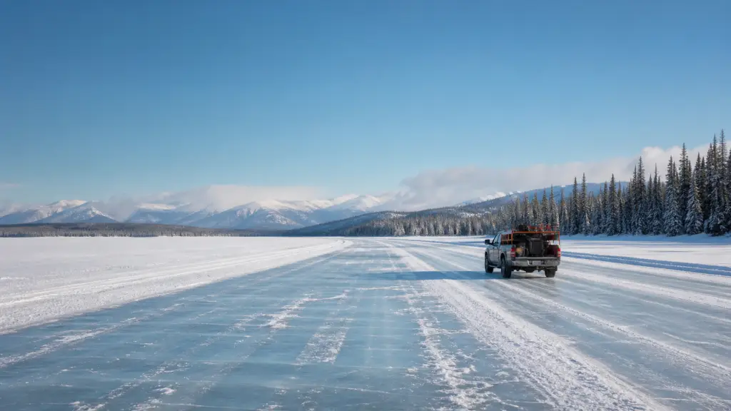 Utility pickup travelling on a snow-covered ice road in northern Canada.