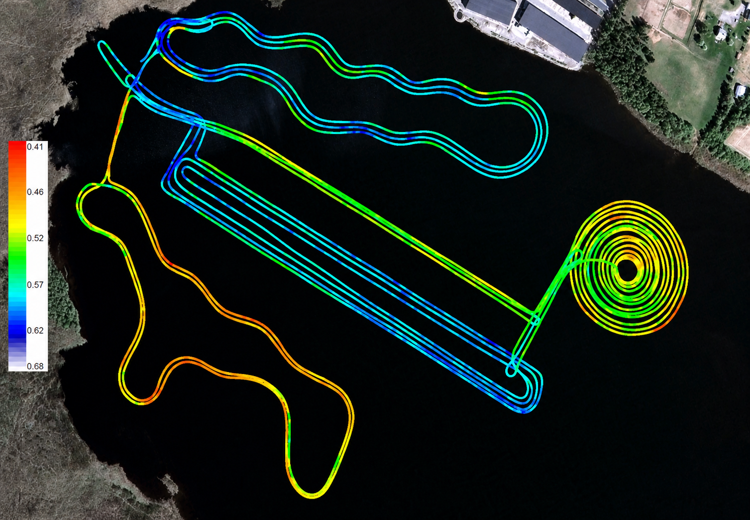 Clean satellite map showing multicoloured GPR survey tracks along an ice road, with a vertical colour scale on the left.