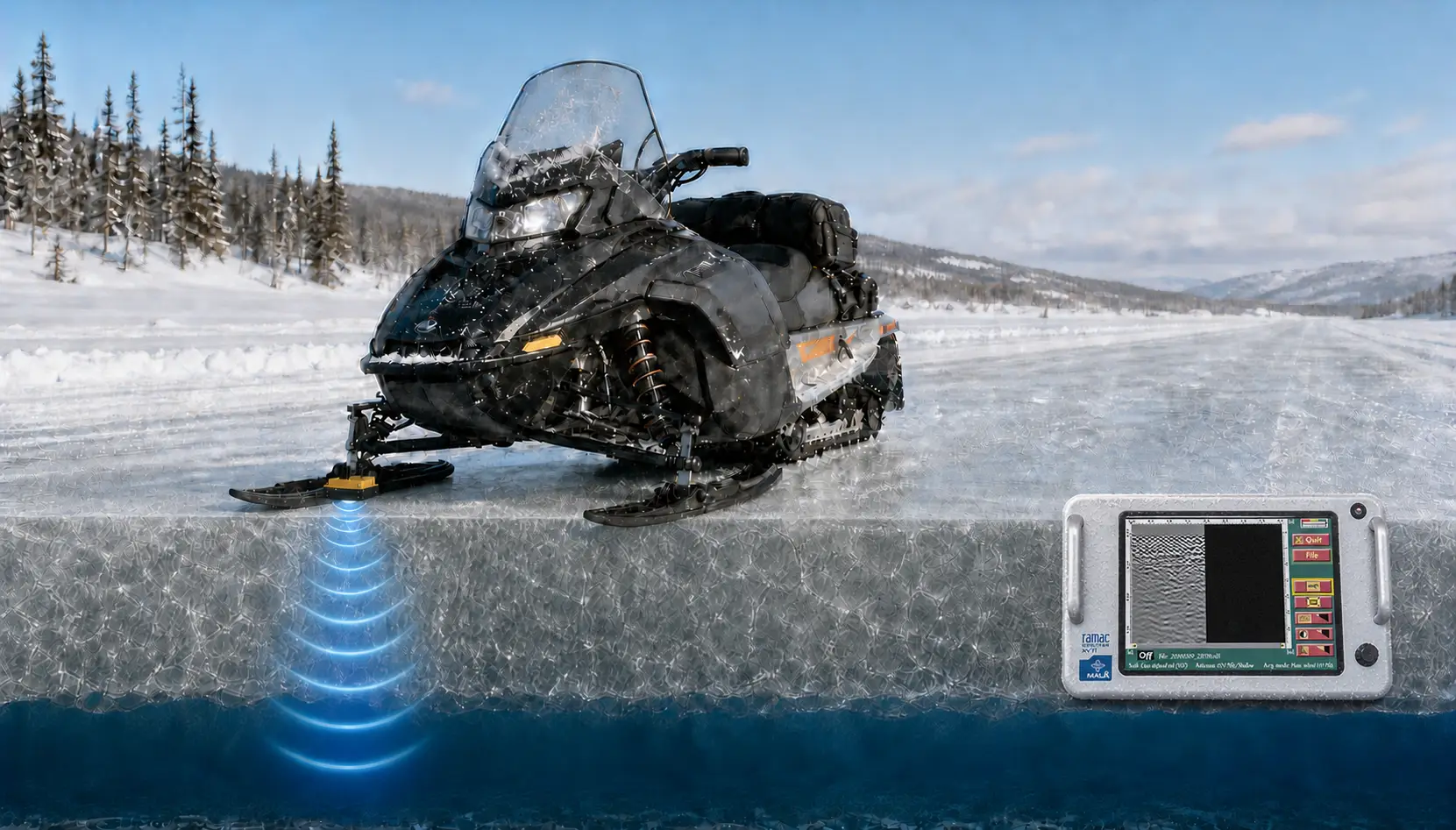 Snowmobile-mounted ground penetrating radar with a yellow antenna resting on top of the middle of the left skid, radar waves entering thick ice, and a frosted MALÅ XV monitor inset.